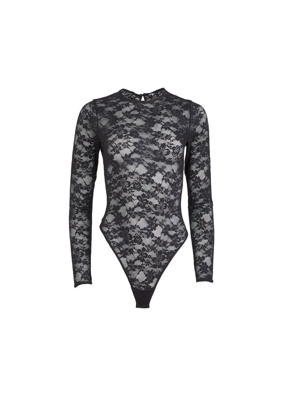 Black - Le Stretch Lace Long Sleeve Bodysuit | Fleur du Mal - DEMO