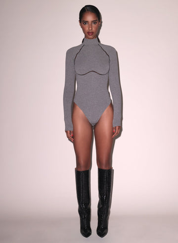 Heather grey - Rib Bodysuit with Lattice Trim | Fleur du Mal - DEMO