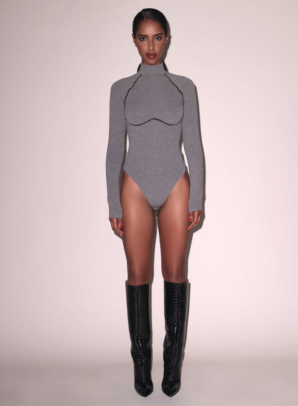 Heather grey - Rib Bodysuit with Lattice Trim | Fleur du Mal - DEMO