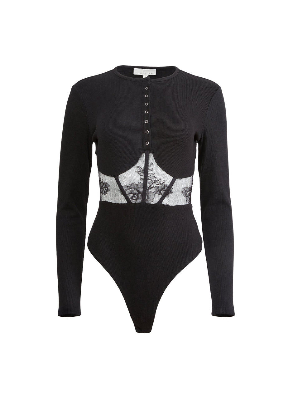 Black - Rib &amp; Bouquet Lace Underbust Bodysuit | Fleur du Mal - DEMO