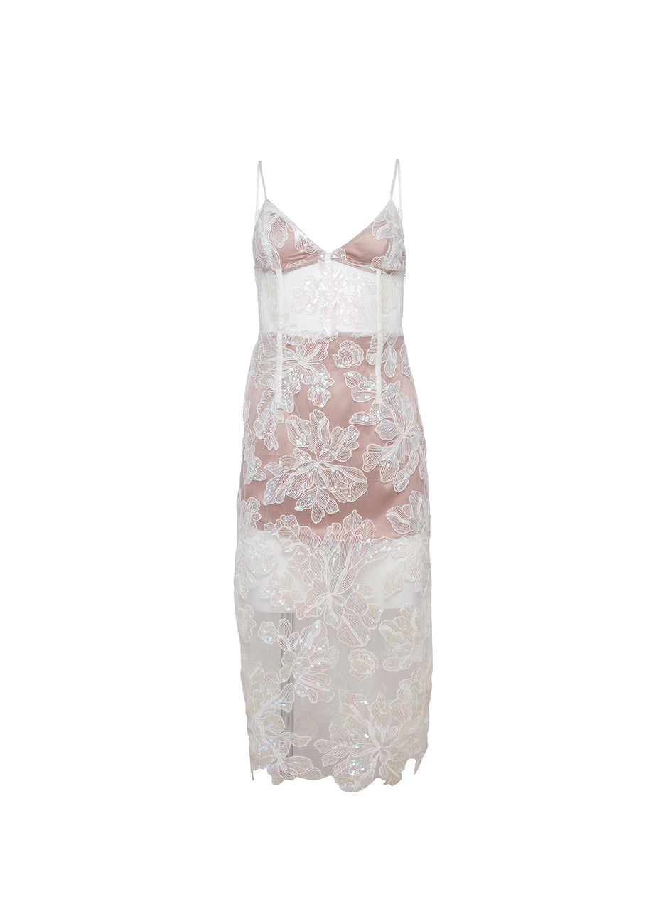 Ivory - Sequin Floral Embroidered Midi Dress | Fleur du Mal - DEMO