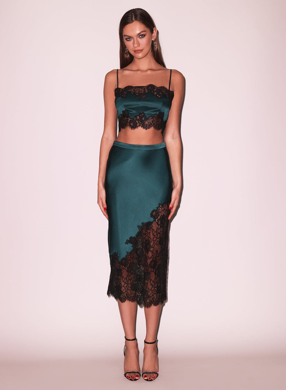 Evergreen - Silk &amp; Lace Scallop Midi Skirt | Fleur du Mal - DEMO