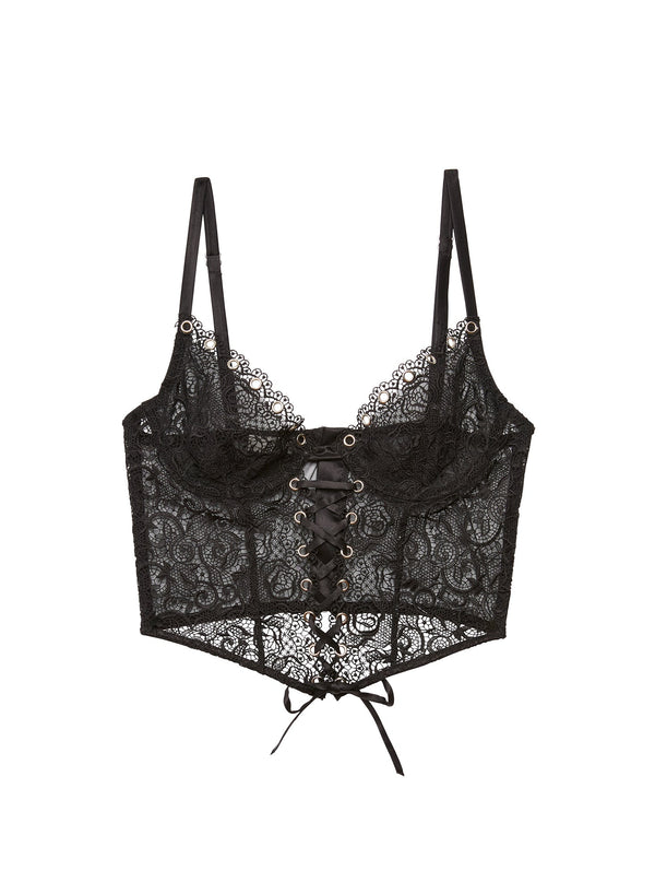 Black - Eyelet Embroidery Lace Up Bustier | Fleur du Mal - DEMO