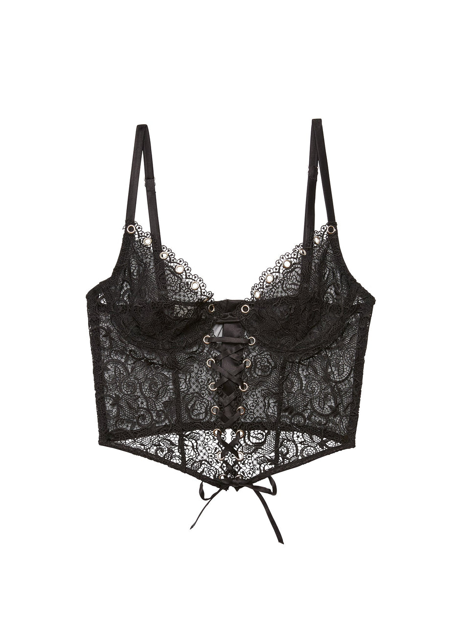 Black - Eyelet Embroidery Lace Up Bustier | Fleur du Mal - DEMO