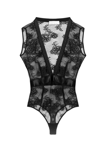 Black - Bouquet Lace Deep V Bodysuit | Fleur du Mal - DEMO