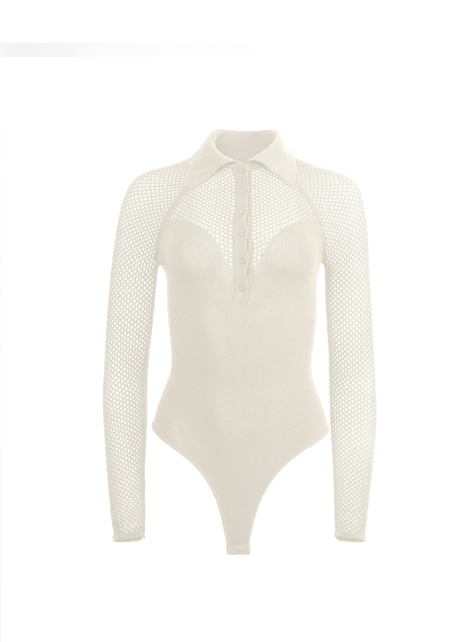 Ecru - Knit Mesh Collared Bodysuit | Fleur du Mal - DEMO
