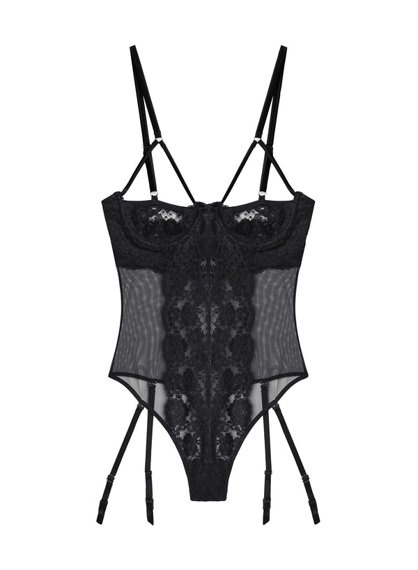 Black - Foxy Lace Peekaboo Garter Bodysuit | Fleur du Mal - DEMO