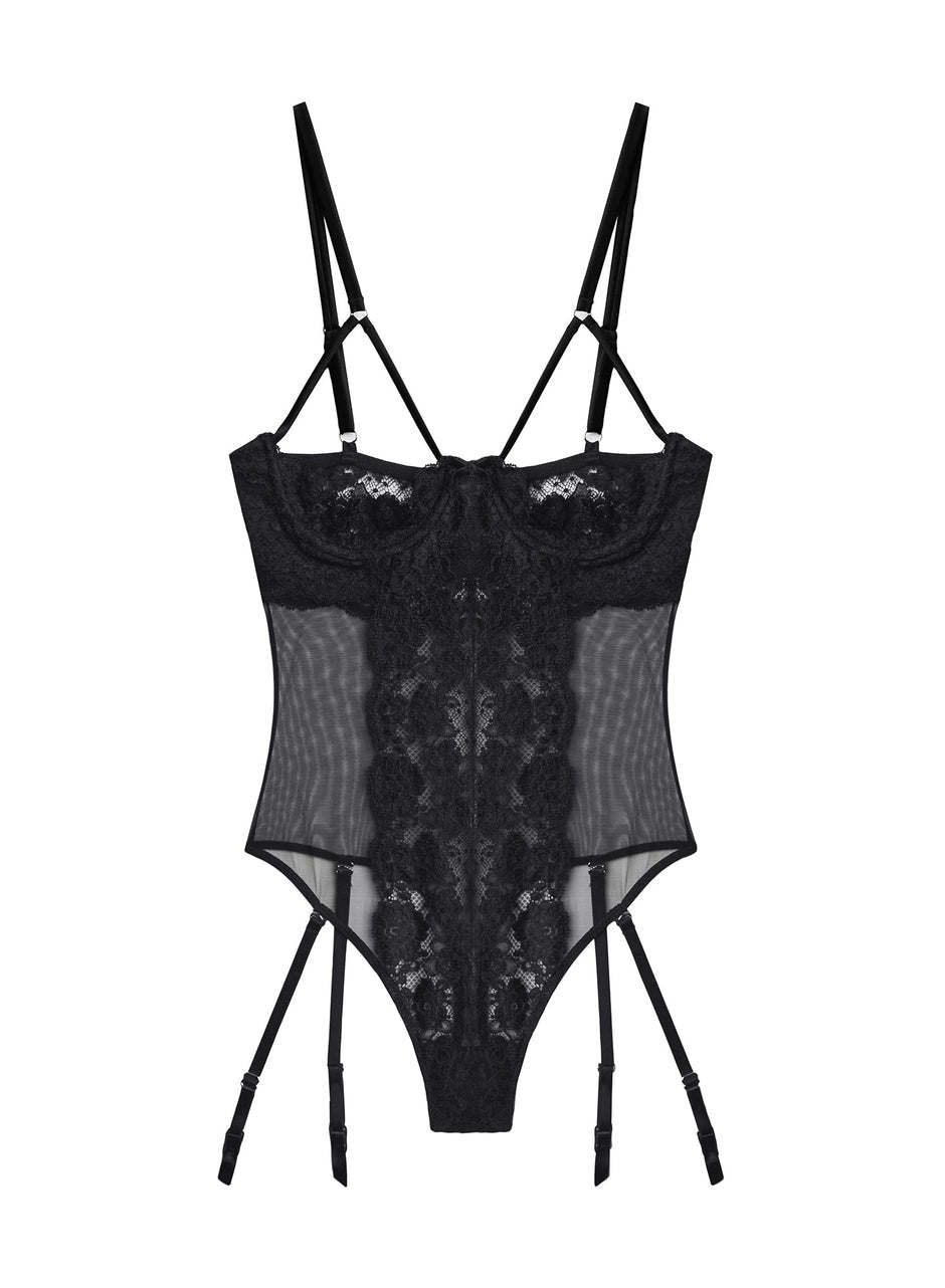 Black - Foxy Lace Peekaboo Garter Bodysuit | Fleur du Mal - DEMO