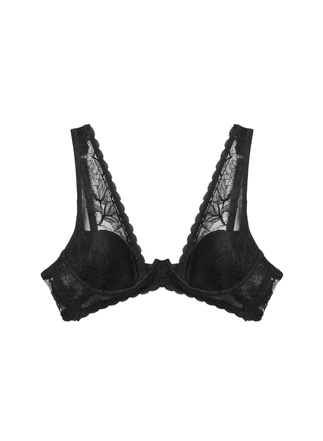 Black - Gardenia Lace Overlay Demi Bra | Fleur du Mal - DEMO