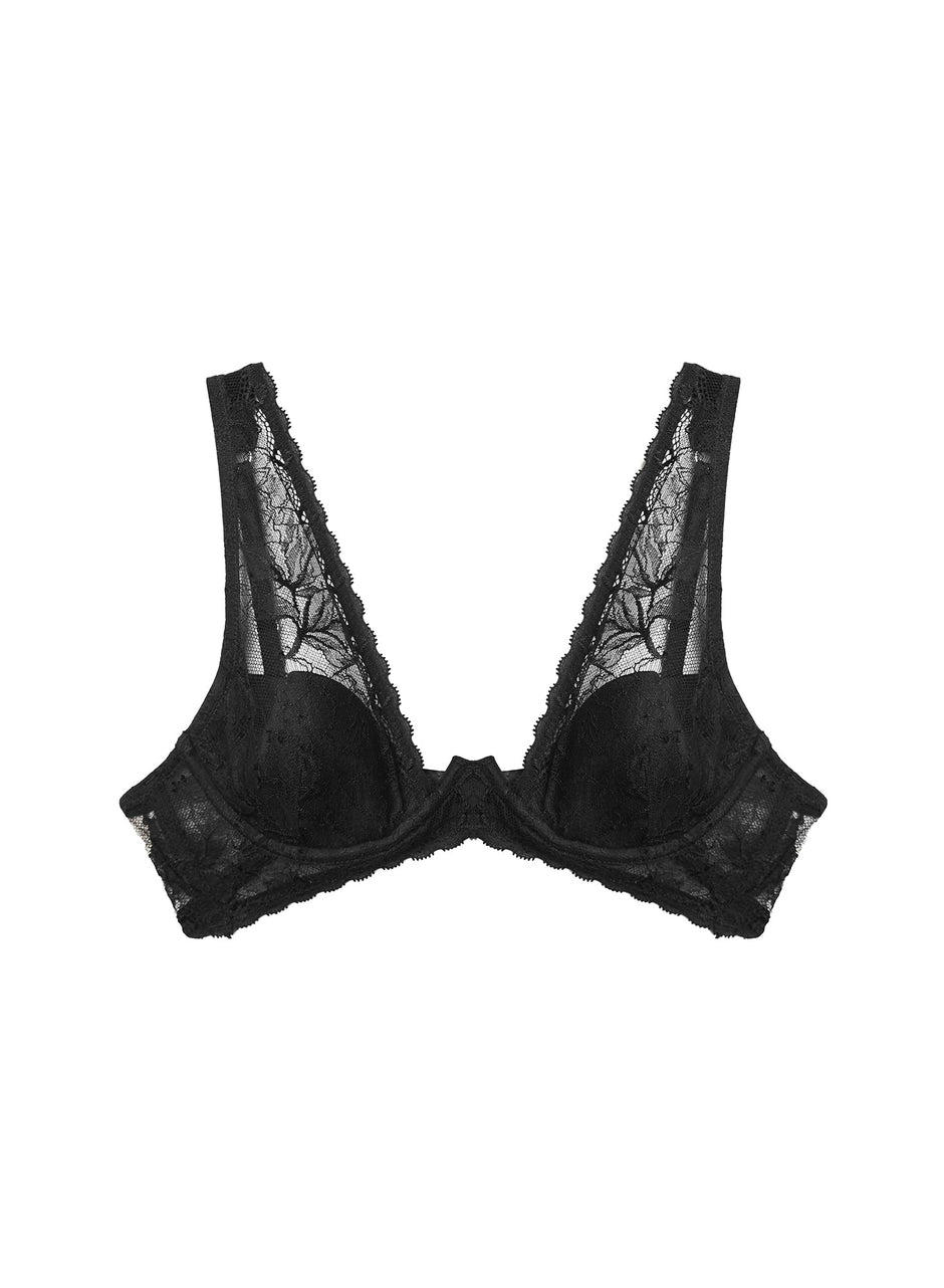 Black - Gardenia Lace Overlay Demi Bra | Fleur du Mal - DEMO