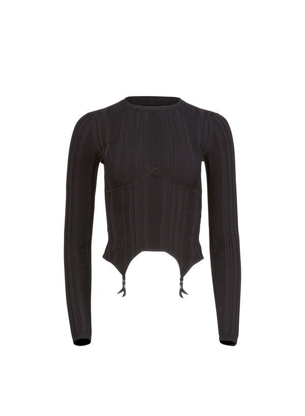 Black - Rib Long Sleeve Garter Top | Fleur du Mal - DEMO