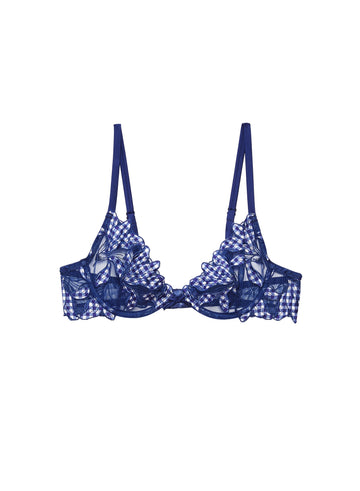 Starry blue gingham - Lily Embroidery Plunge Demi Bra | Fleur du Mal - DEMO