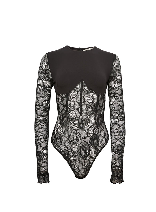 Black - Jersey &amp; Lace Boned Bodysuit | Fleur du Mal - DEMO