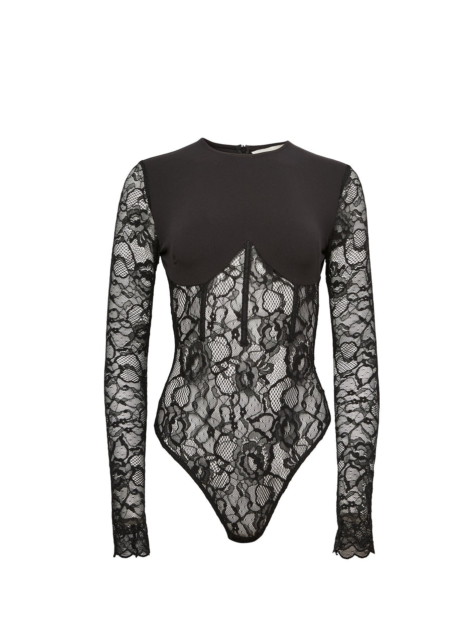 Black - Jersey &amp; Lace Boned Bodysuit | Fleur du Mal - DEMO