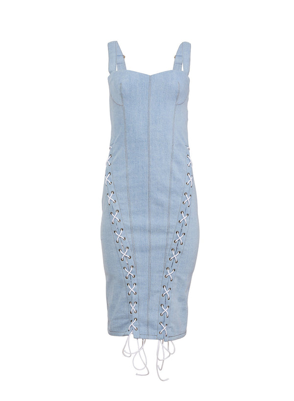 Light wash denim - Denim Lace Up Dress | Fleur du Mal - DEMO