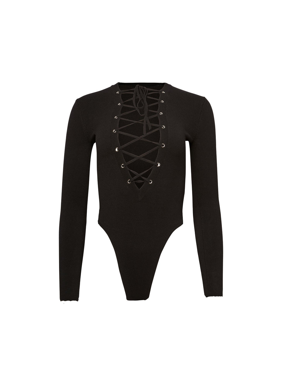 Black - Knit Lace Up Bodysuit | Fleur du Mal - DEMO