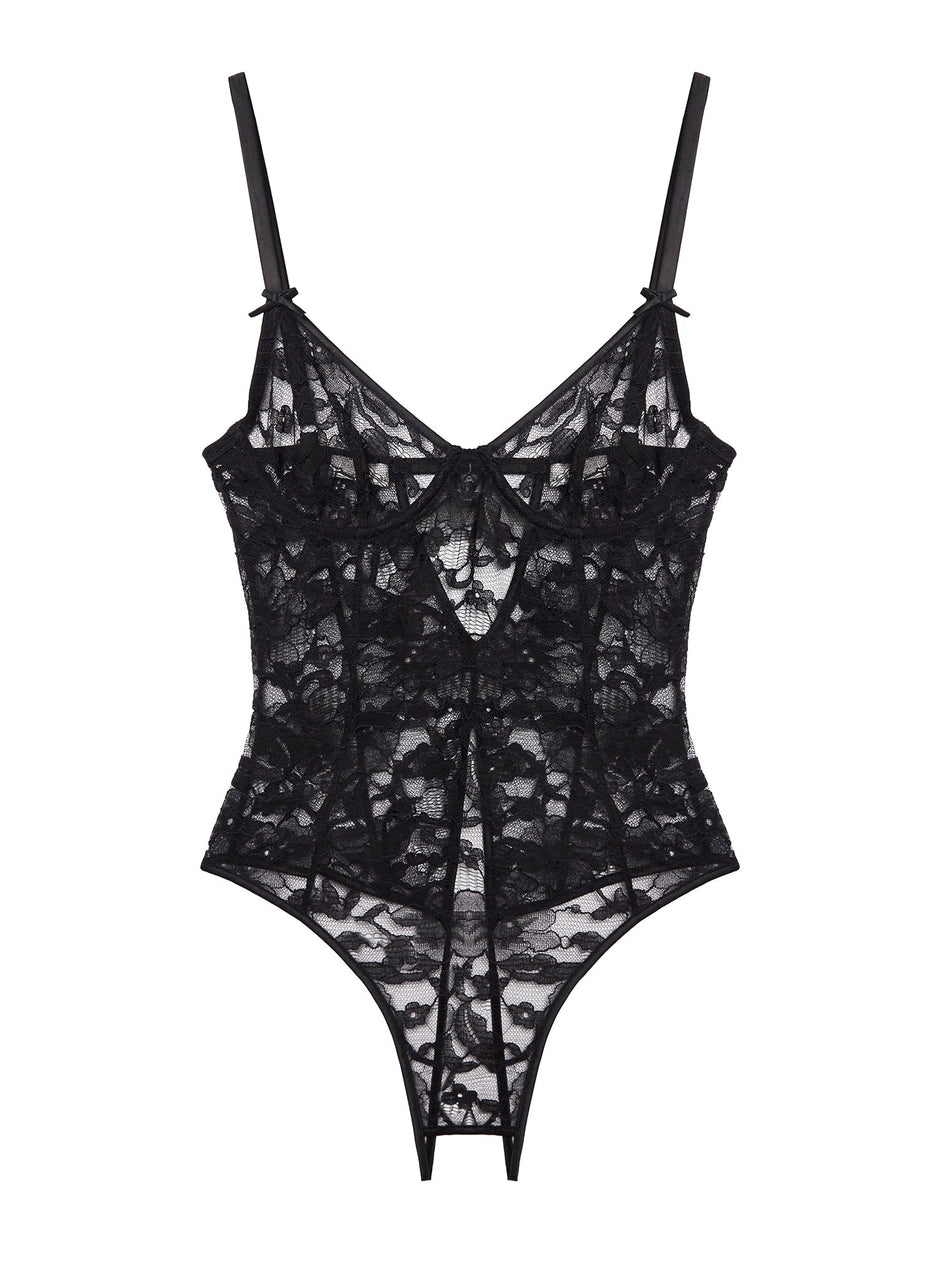 Black - Magnolia Lace Ouvert Bodysuit | Fleur du Mal - DEMO