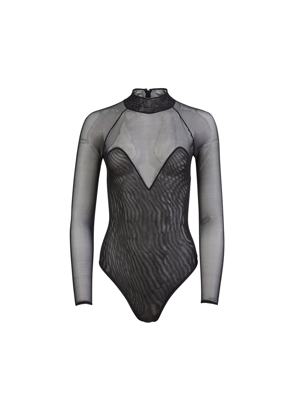 Black - Mesh Long Sleeve Bodysuit | Fleur du Mal - DEMO