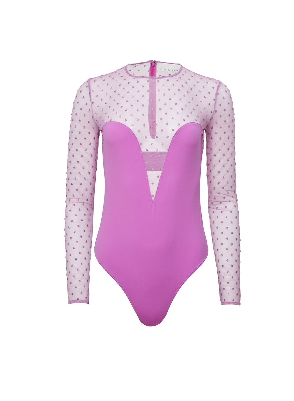 Pink iris - Dotty Jersey Plunge Bodysuit | Fleur du Mal - DEMO