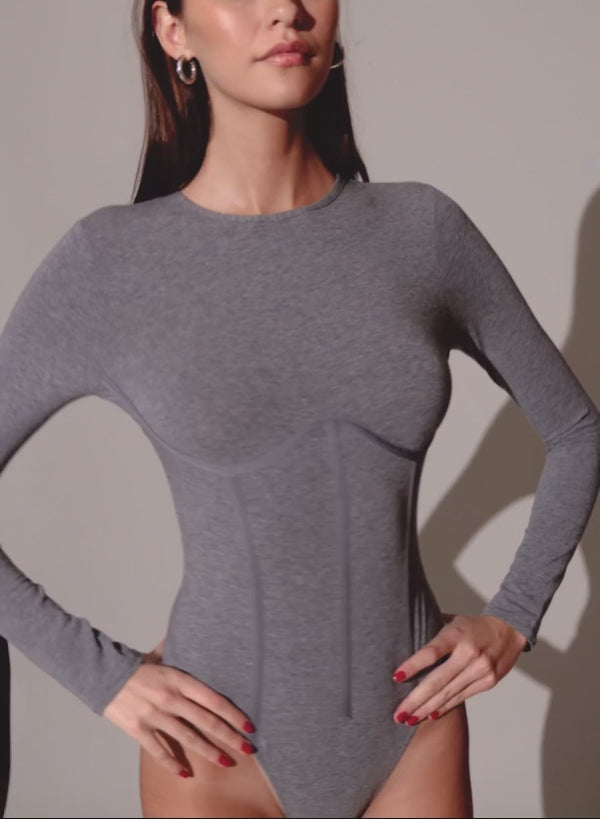 Heather grey - Organic Cotton Long Sleeve T-Shirt Bodysuit | Fleur du Mal - DEMO