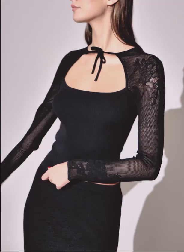 Black - Lace Pointelle Decollette Top | Fleur du Mal - DEMO