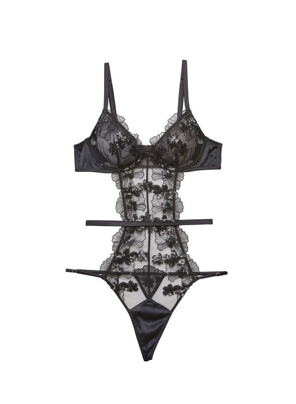 Black - Sequin Violet Embroidery Bodysuit | Fleur du Mal - DEMO