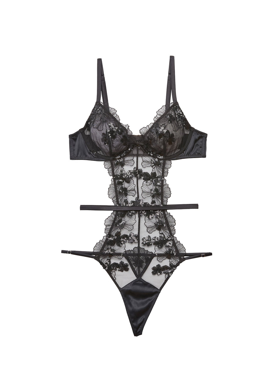 Black - Sequin Violet Embroidery Bodysuit | Fleur du Mal - DEMO
