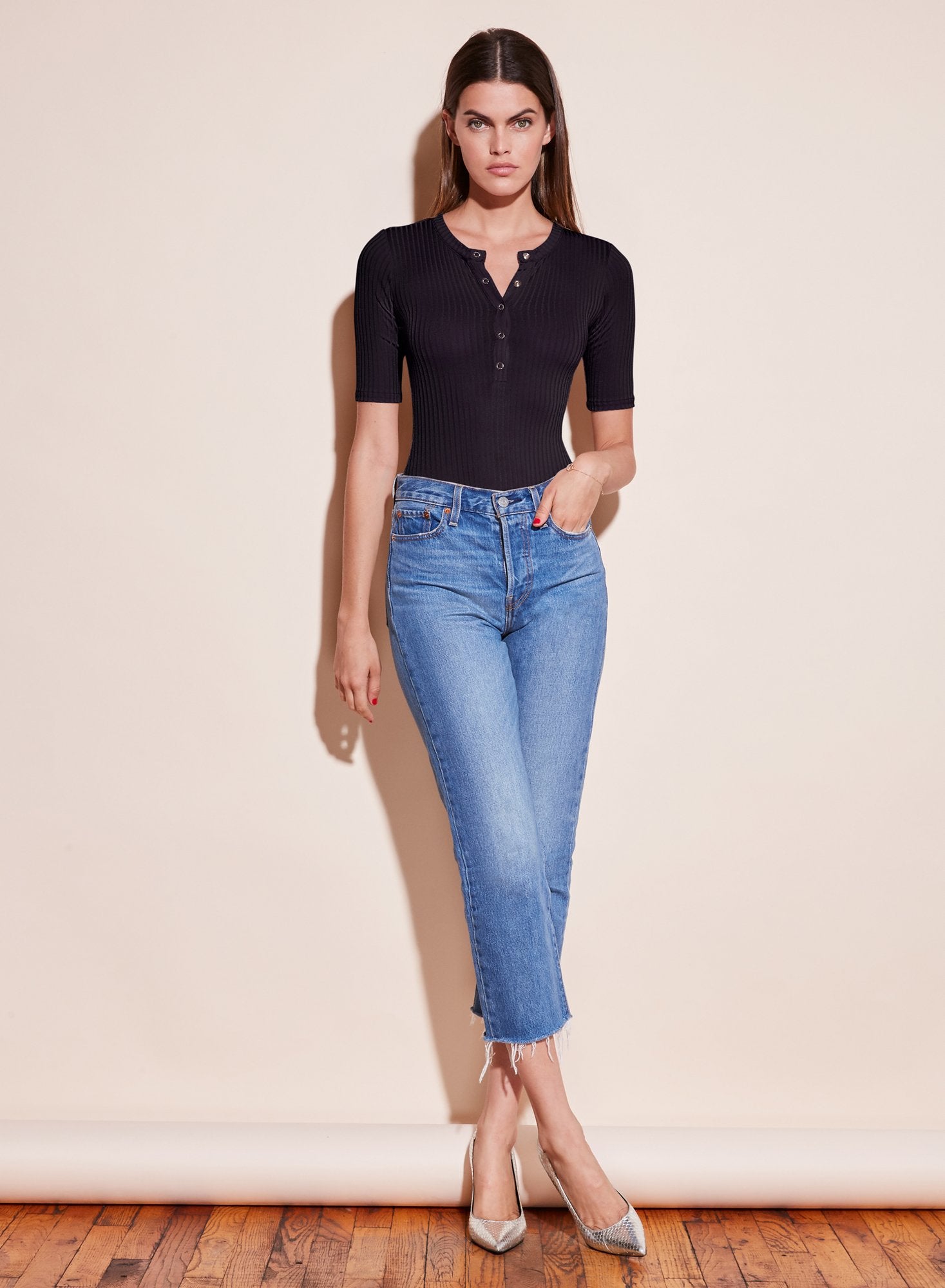 Ribbed Knit Henley Bodysuit