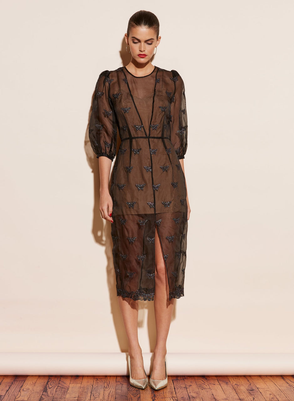 Black - Embroidered Puff Sleeve Dress With Slip | Fleur du Mal - DEMO