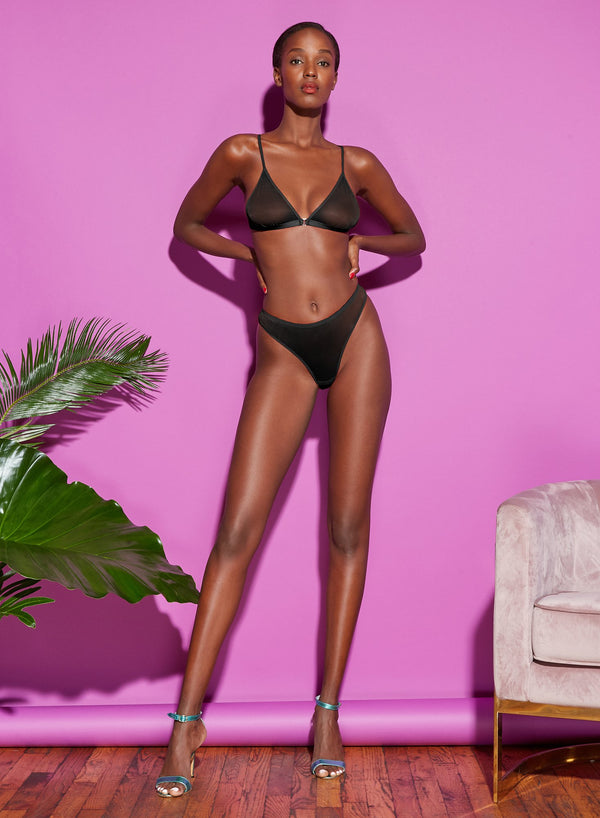 Black - Logo Embroidered Tricot Triangle Bra | Fleur du Mal - DEMO