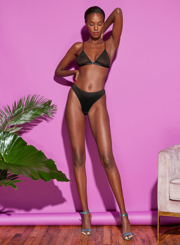 Black - Logo Embroidered Tricot Triangle Bra | Fleur du Mal - DEMO