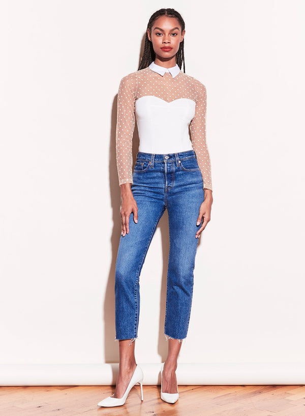 Ivory - Collared Bodysuit with Dotted Tulle | Fleur du Mal - DEMO