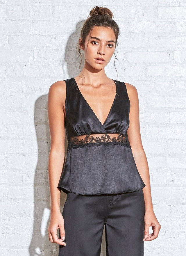Black - Silk Cami with Lace Insert | Fleur du Mal - DEMO