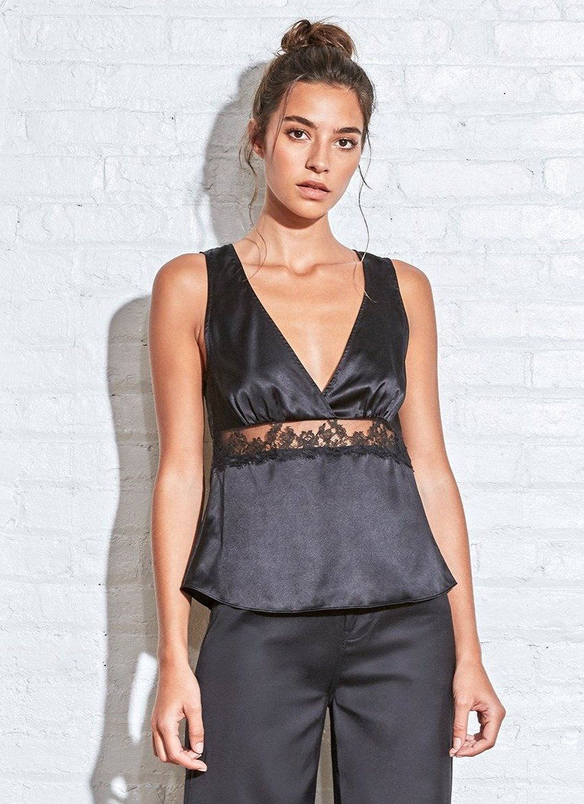 Black - Silk Cami with Lace Insert | Fleur du Mal - DEMO