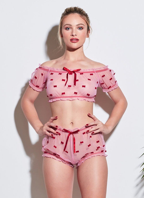 Bisou/rouge - Bow Embroidery Ruched Shorts | Fleur du Mal - DEMO