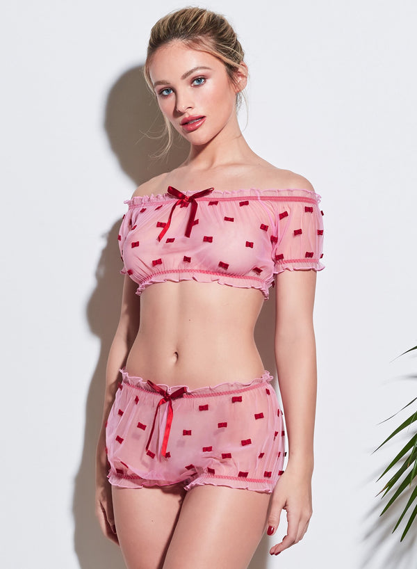 Bisou/rouge - Bow Embroidery Ruched Top | Fleur du Mal - DEMO