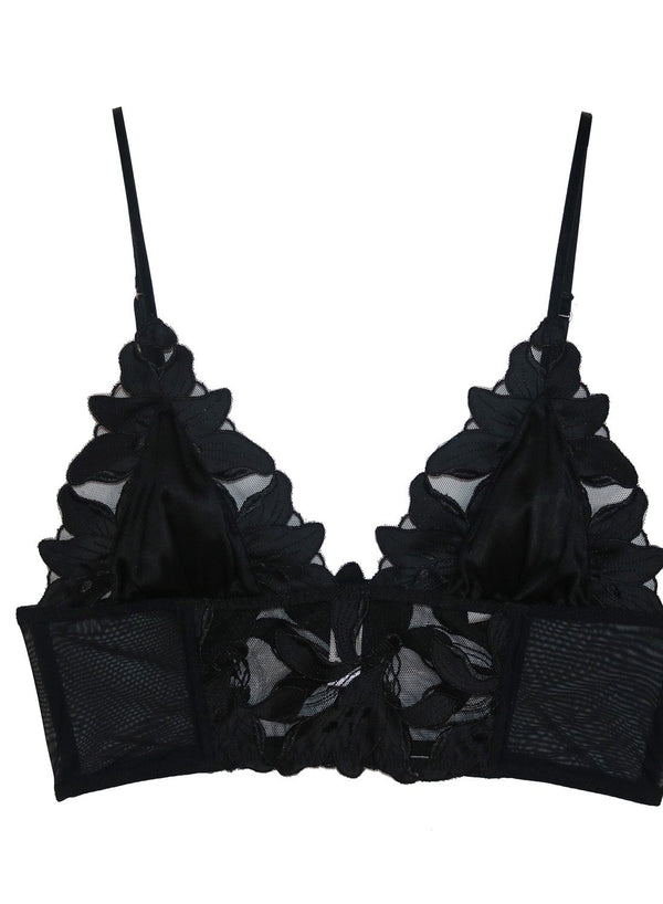 Black - Lily Embroidery Longline Triangle Bra | Fleur du Mal - DEMO
