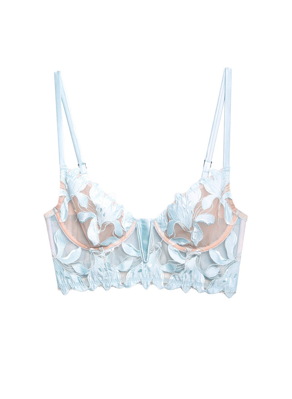 Glacier - Fuller Cup Lily Embroidery Long Lined Demi Bra | Fleur du Mal - DEMO