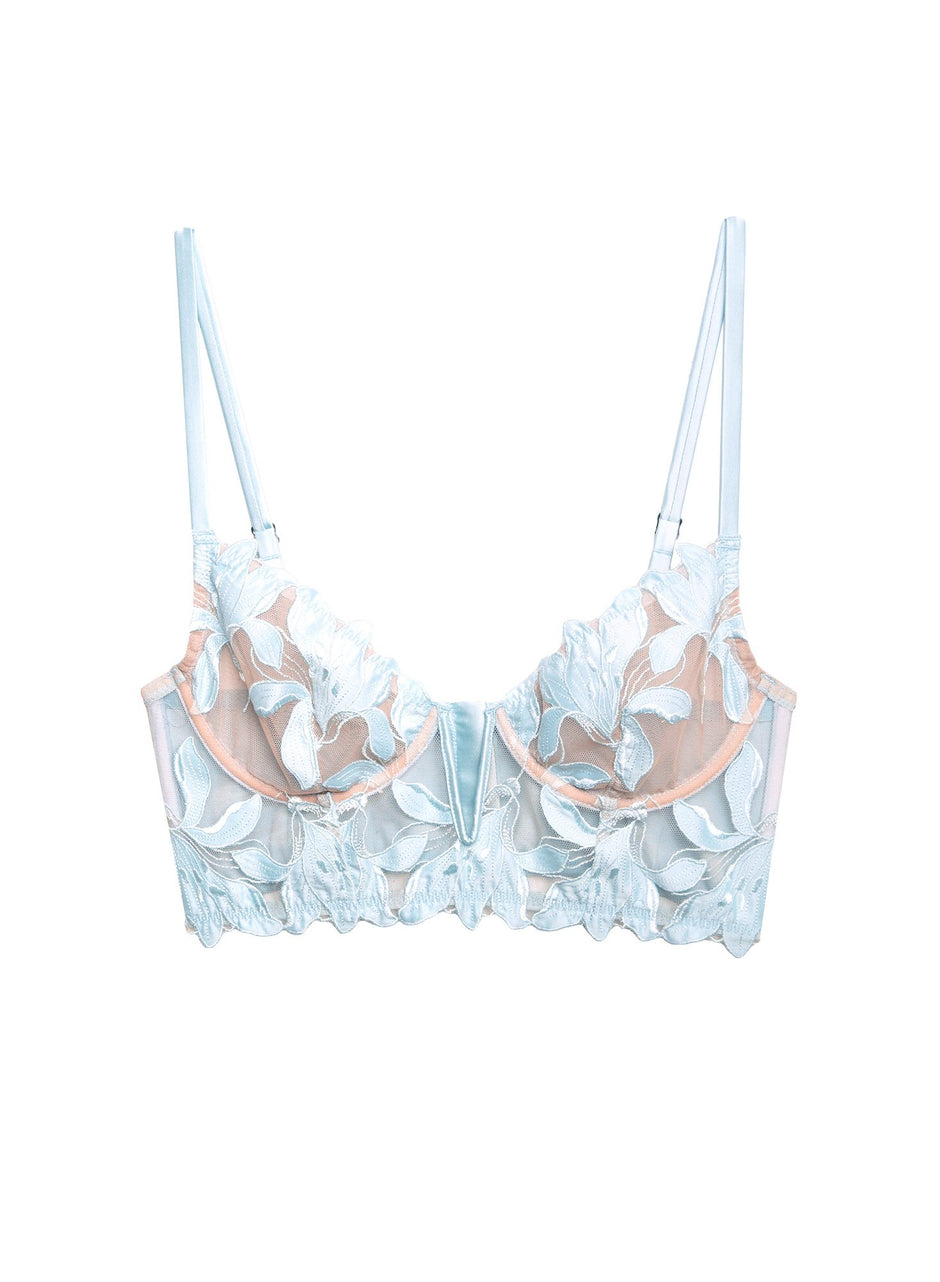 Glacier - Fuller Cup Lily Embroidery Long Lined Demi Bra | Fleur du Mal - DEMO