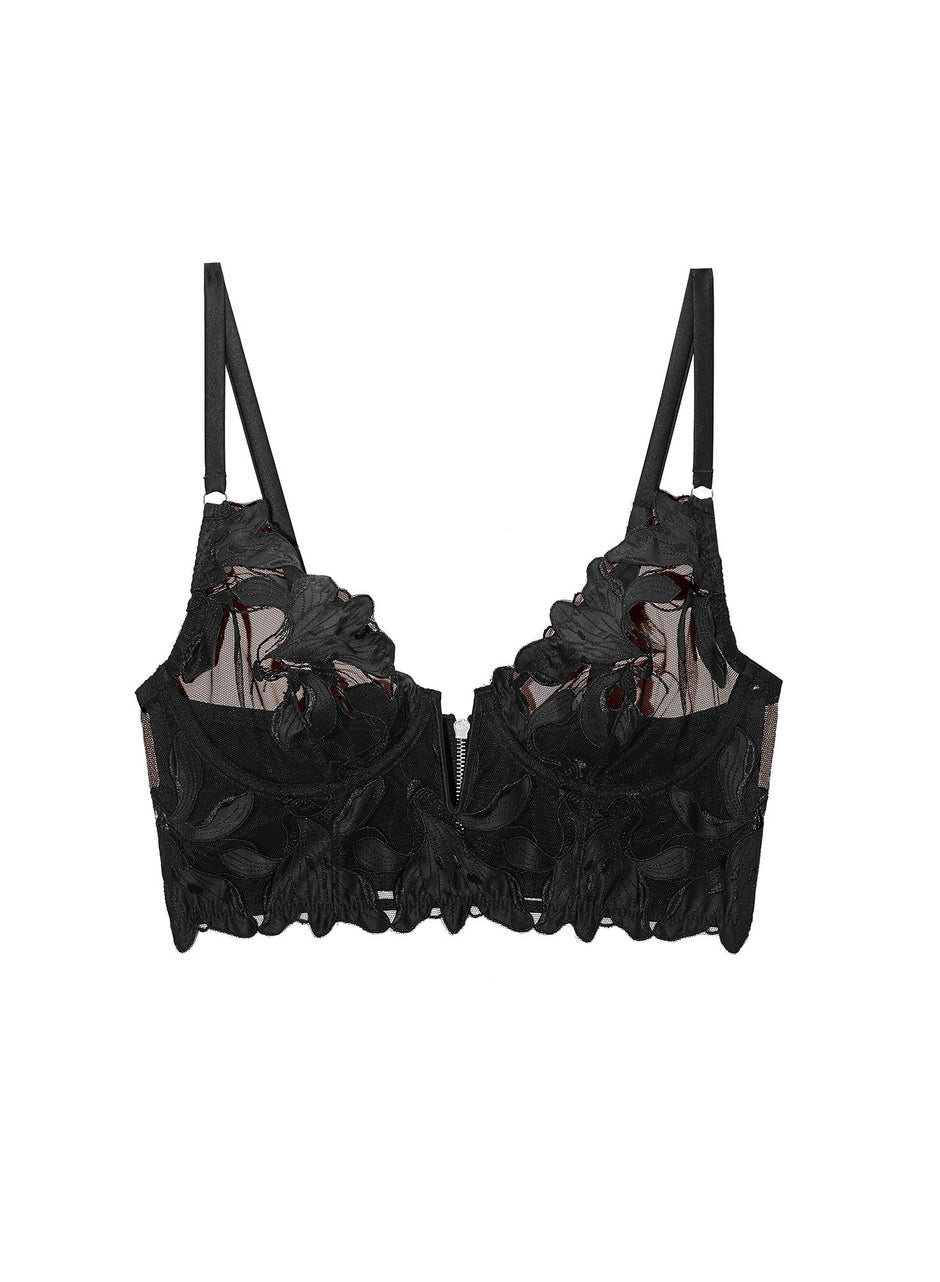 Black - Lily Embroidery Longline Demi Bra | Fleur du Mal - DEMO