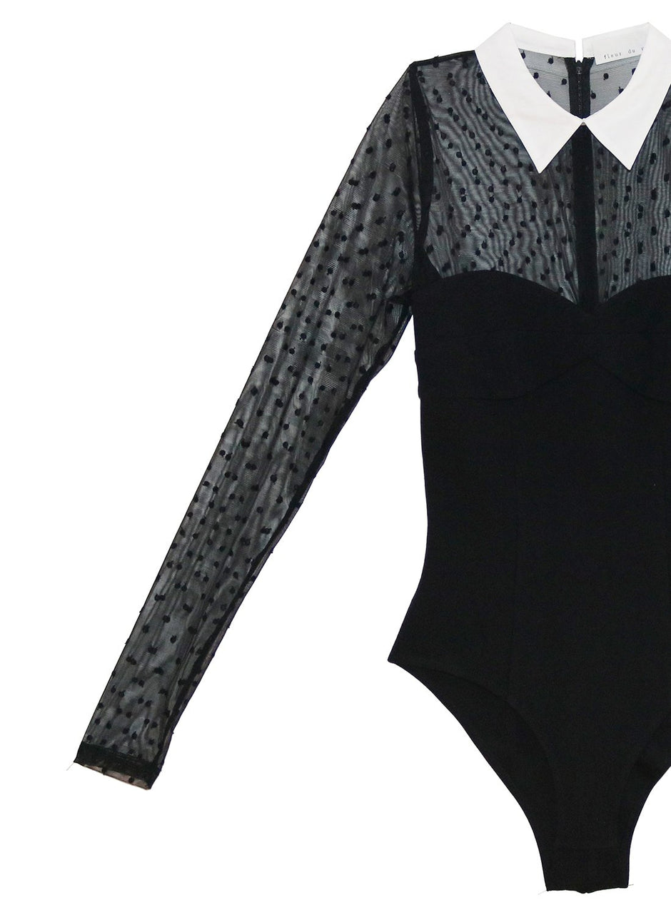 Black - Collared Bodysuit with Dotted Tulle | Fleur du Mal - DEMO