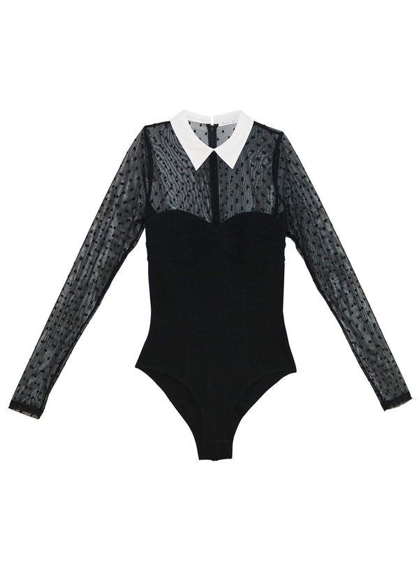 Black - Collared Bodysuit with Dotted Tulle | Fleur du Mal - DEMO