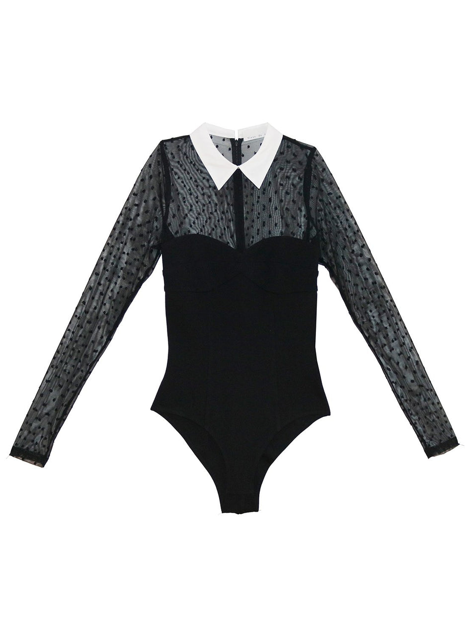 Black - Collared Bodysuit with Dotted Tulle | Fleur du Mal - DEMO