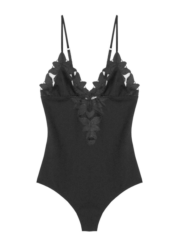Black - Lily Embroidery V-Neck Plunge Bodysuit | Fleur du Mal - DEMO