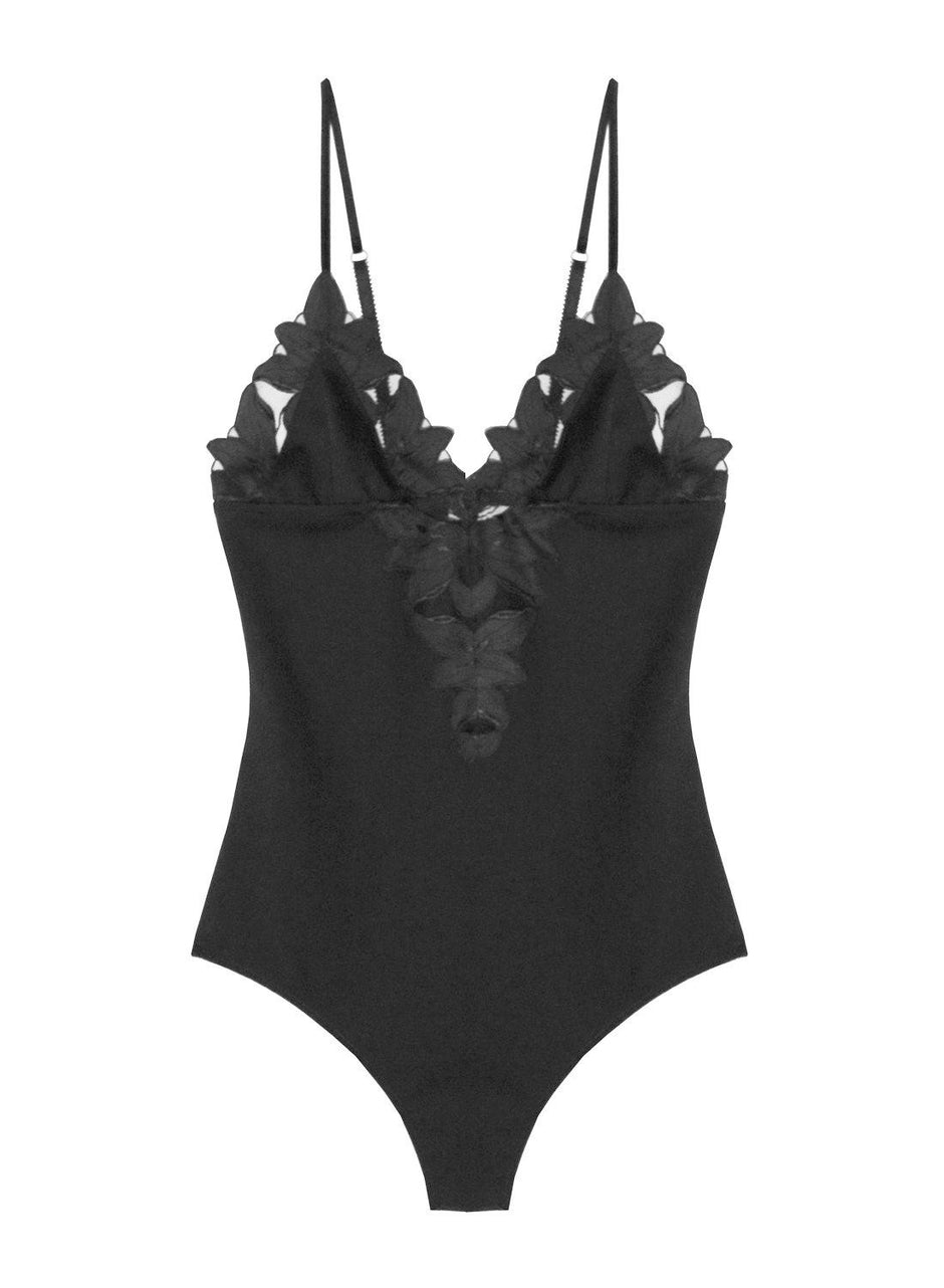 Black - Lily Embroidery V-Neck Plunge Bodysuit | Fleur du Mal - DEMO