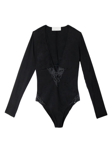 Black - Chateau Lace Trim Long Sleeve V-Neck Bodysuit | Fleur du Mal - DEMO