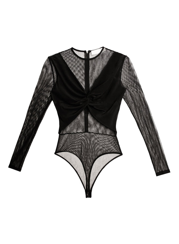 Black - Silk &amp; Mesh Twist Front Bodysuit | Fleur du Mal - DEMO