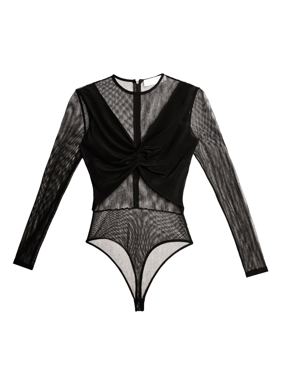 Black - Silk &amp; Mesh Twist Front Bodysuit | Fleur du Mal - DEMO