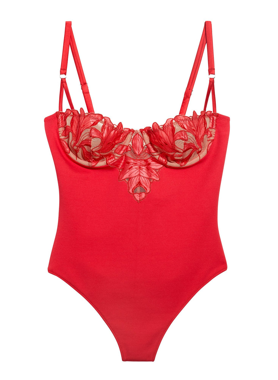 Red poppy - Lily Embroidery Balconette Bodysuit | Fleur du Mal - DEMO