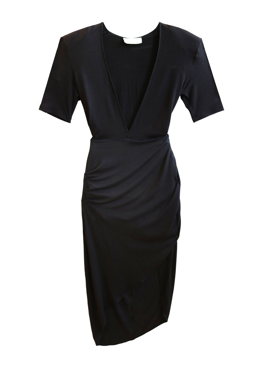 Black - Deep V Jersey Draped Dress | Fleur du Mal - DEMO